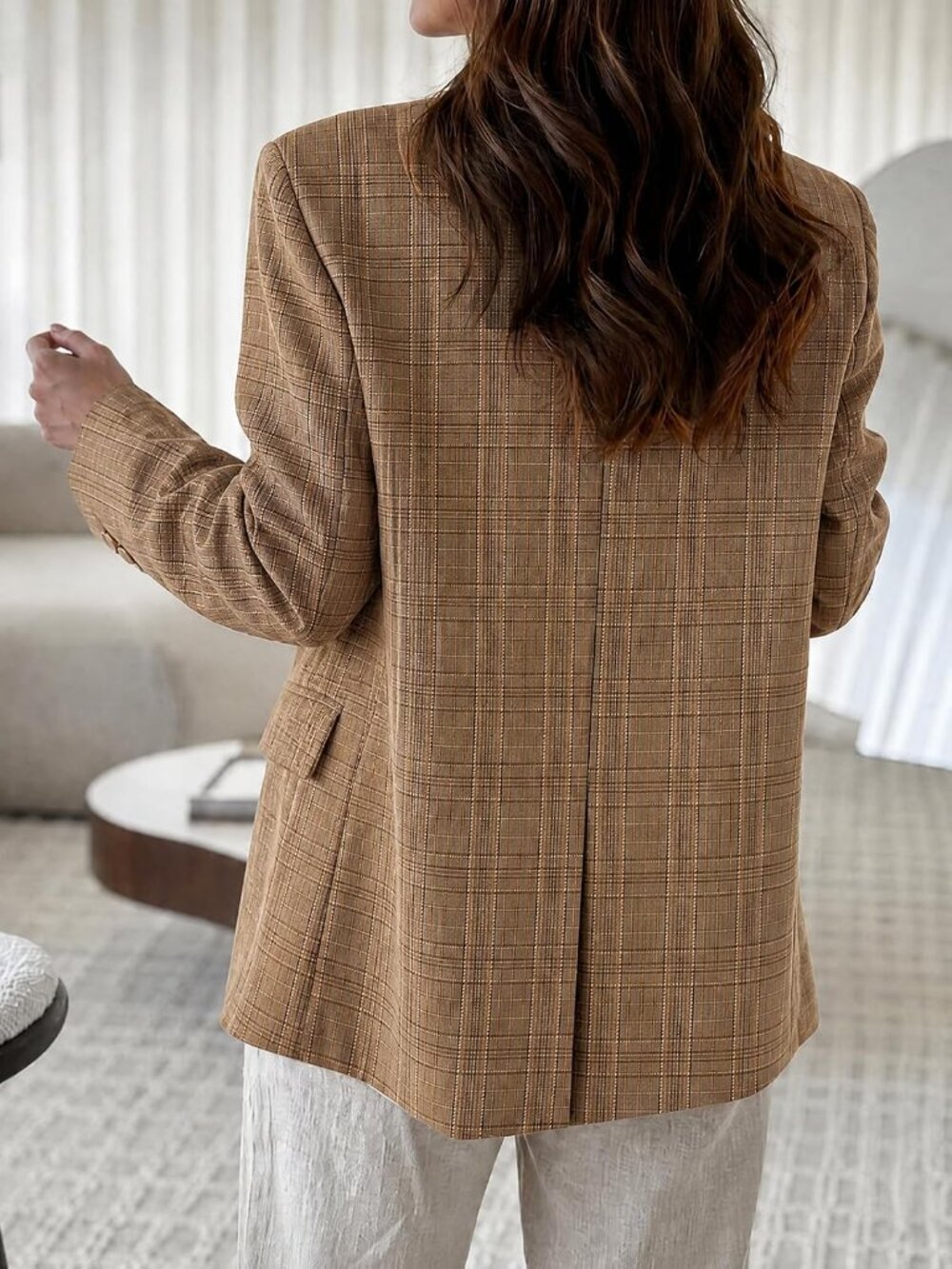 Women's Plaid Khaki Blazer Business Stand Collar Open Front Trendy Suit Jacket - Picture 4 of 6
